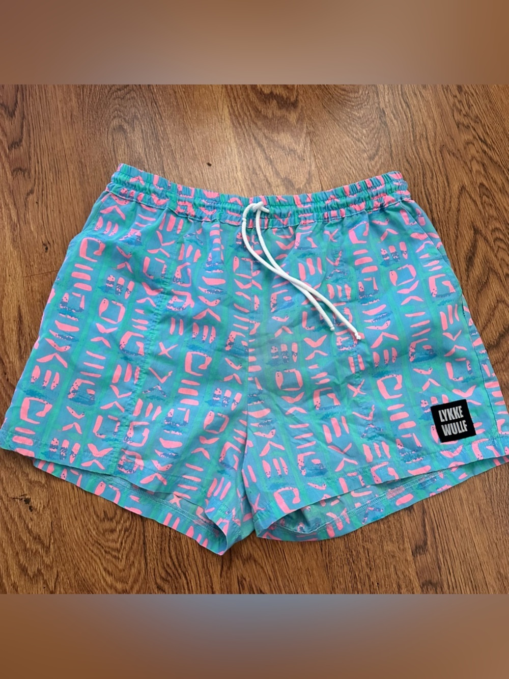 Lykke Wullf Teal Pink Geo Print elastic waist large colorful shorts drawstring